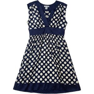WD-NY Navy Blue Cream Polka Dot 100% Silk Empire Waist V-Neck Dress Size 10